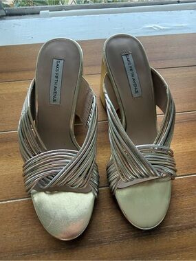 Saks Fifth Avenue Metallic Gold Multi-Strap Slide Mules